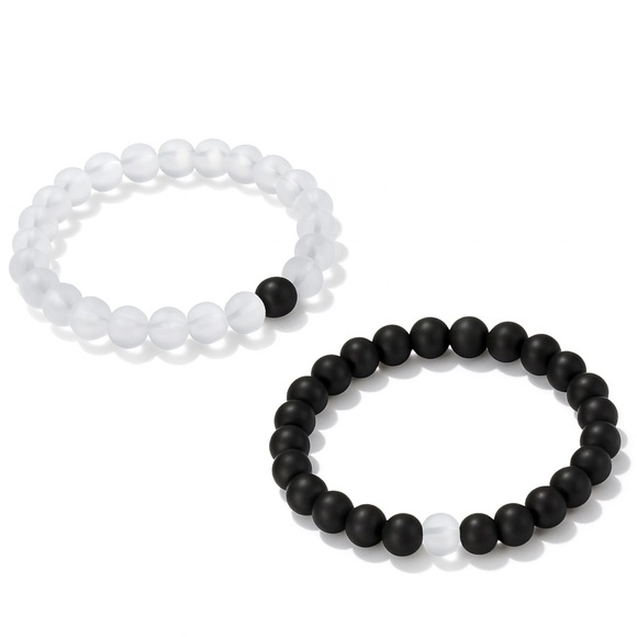 Black White Beaded Bracelets | Matching Couple Set |Stretch Yin Yang Trendy - Picture 5 of 5